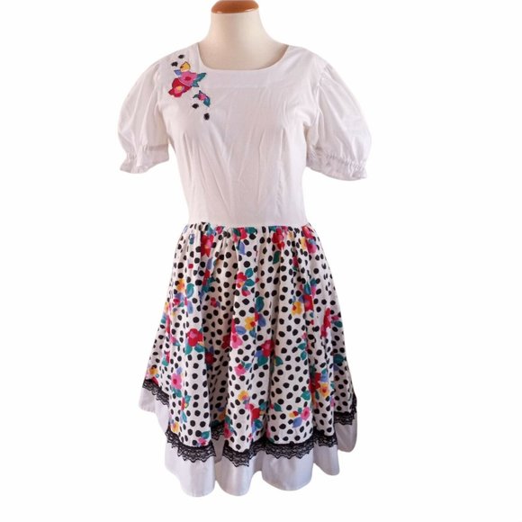 Vintage Square Dancing Dress Swing Polka Dot Floral  Handmade Size 12 - Picture 6 of 10